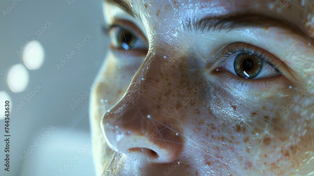 Poster a clear closeup of a patients face being scanned by an aipowered camera for remote dermatological as