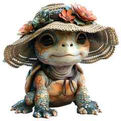 A 3D animated cartoon render of a funny turtle wearing a funky sunhat.