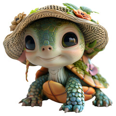 A 3D animated cartoon render of a cute turtle wearing a colorful sunhat.