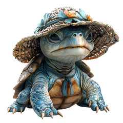 A 3D animated cartoon render of an elegant turtle sporting a stylish sunhat.