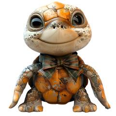 A 3D animated cartoon render of a smiling turtle wearing a bowtie.