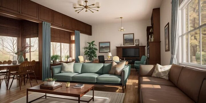 beautiful living room interior in new luxury home. living room interior. seamless overlay 4k virtual video animation background