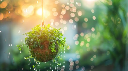 Hanging Kokedama traditional plant from Japan with rain drops and sunlight bokeh background.