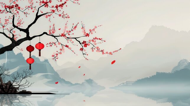 Traditional Chinese-themed illustration with sakura tree and lantern decoration, offering empty space for personalization.