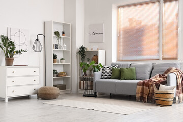 Interior of modern living room with comfortable sofa and shelving unit