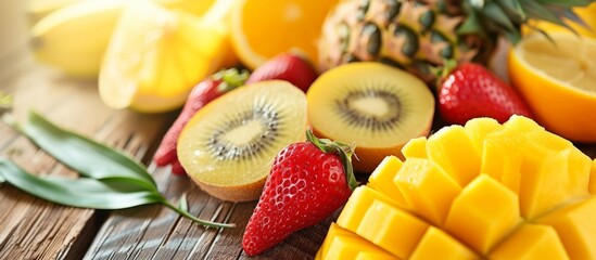 Fresh and colorful assortment of fruits including pineapple on a wooden table