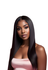 A beautiful black supermodel wearing a long silky straight lace front wig on a transparent background