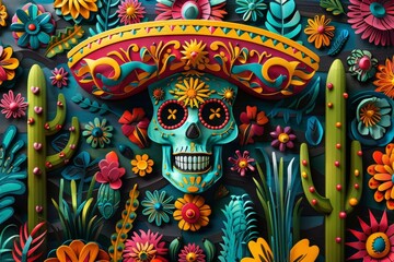 A detailed illustration of a Mexican folk art piece, colorful and intricate, representing the rich cultural heritage celebrated during Cinco de Mayo.