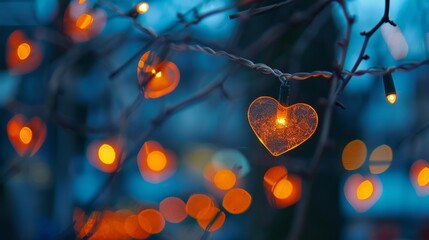 Galand of heart shaped lights with bokeh background - obrazy, fototapety, plakaty