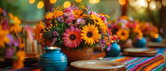 A lively Cinco de Mayo centerpiece with vibrant flowers echoing the Mexican flag, encircled by candles and mini sombreros.