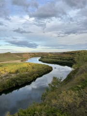 Fototapeta premium River bank lined with trees under a cloudy sky in a natural landscape