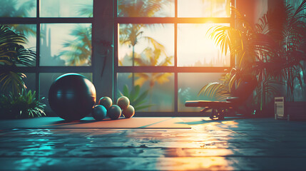 Gym room at morning light by sunrise AI Image Generative.