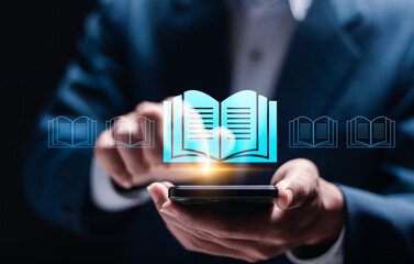 E-library concept. Electronic books online, knowledge base on internet, digital library or...