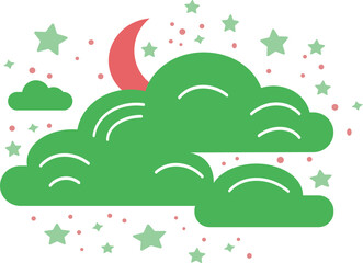 Illustration of green clouds with stars and a crescent moon. cartoon style flat illustration. vector art. green clouds with stars and red moon. coloring book art for kids.