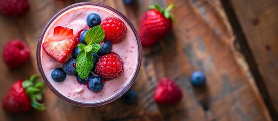 Refreshing glass of assorted fresh fruit and berries in a vibrant color scheme