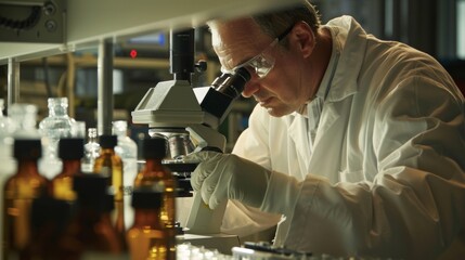 A worker inspecting a batch of newly synthesized monomers under a microscope representing the precision and attention to detail required in modern production ods. - obrazy, fototapety, plakaty