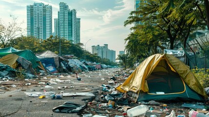 Homeless tent camp and garbage along the road in a modern city  - obrazy, fototapety, plakaty