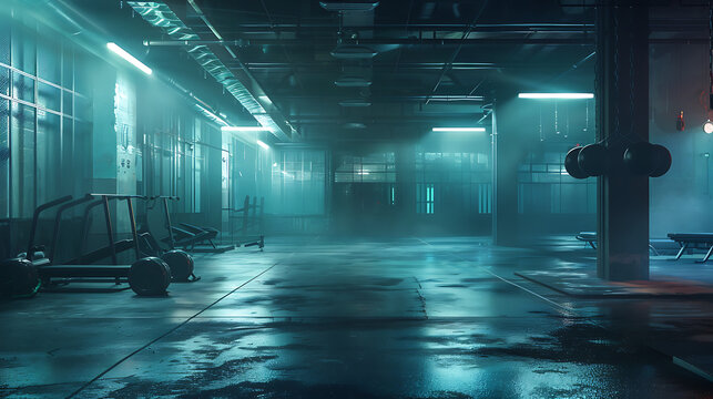 Copy  Space Gym on basement blue light smoke and mist and AI Image Generative.