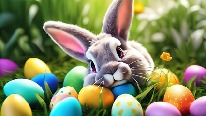 Attractive easter bunny is hiding colorful easter eggs in the garden - obrazy, fototapety, plakaty