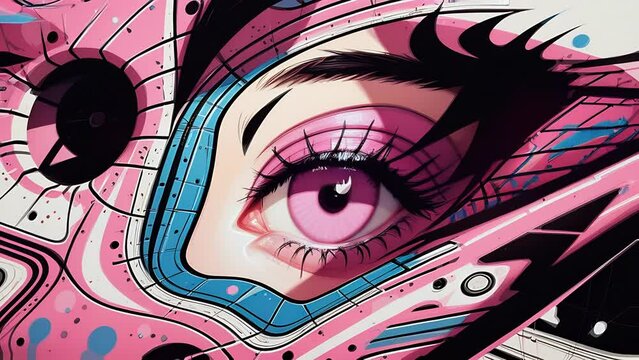 Close up view of female eye with multicolored eyeball and colorful makeup powder. 