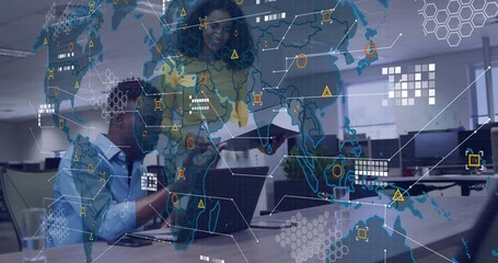 Animation of financial data processing over diverse business people in office - Powered by Adobe