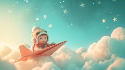 Obraz na płótnie Canvas A 3D animated image of a baby dressed as a pilot, playfully controlling a paper airplane in a dreamy sky filled with stars and clouds The scene captures the imagination and joy of a child dream