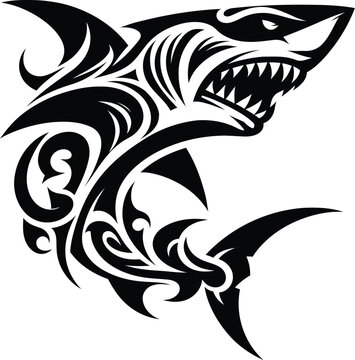 modern tribal tattoos of shark, abstract line art, and minimalist contour