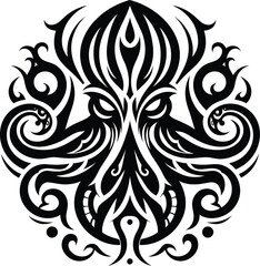 modern tribal tattoos of octopus, kraken, abstract line art, and minimalist contour