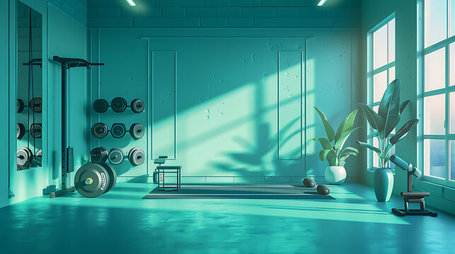 Copy space The gym room with plants and equipment light by sun, AI Image Generative