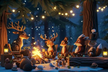 A 3D rendering of various animals, such as deer, squirrels, and birds, sitting on camping chairs and logs, chatting under the starry night sky The campsite is set in a serene clearing, surround
