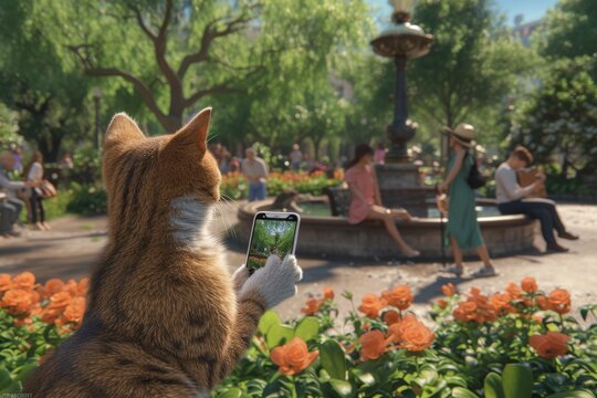 A 3D rendering of an adorable cat on its hind legs, using a cell phone to take a picture of a couple at a park The park is lush and vibrant, with other people enjoying the scene Created Using 3