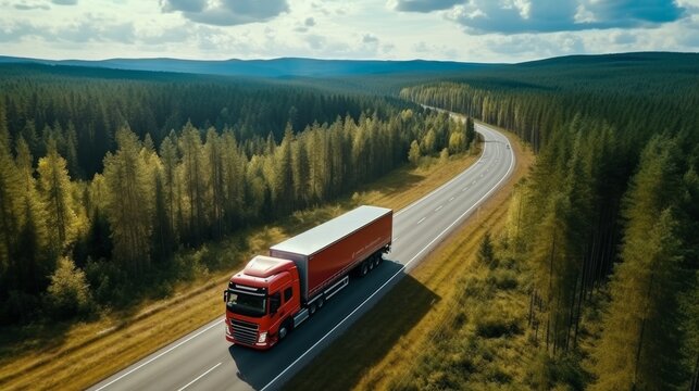 Red truck on the highway surrounded by trees