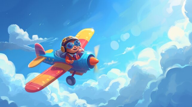 A digital illustration of a baby wearing a captain's uniform and aviator sunglasses, joyfully piloting a colorful toy-like airplane The plane is soaring through a bright blue sky with fluffy cl