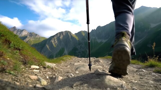 Nordic walking legs in mountains, Woman hiking in mountains, adventure and exercising.