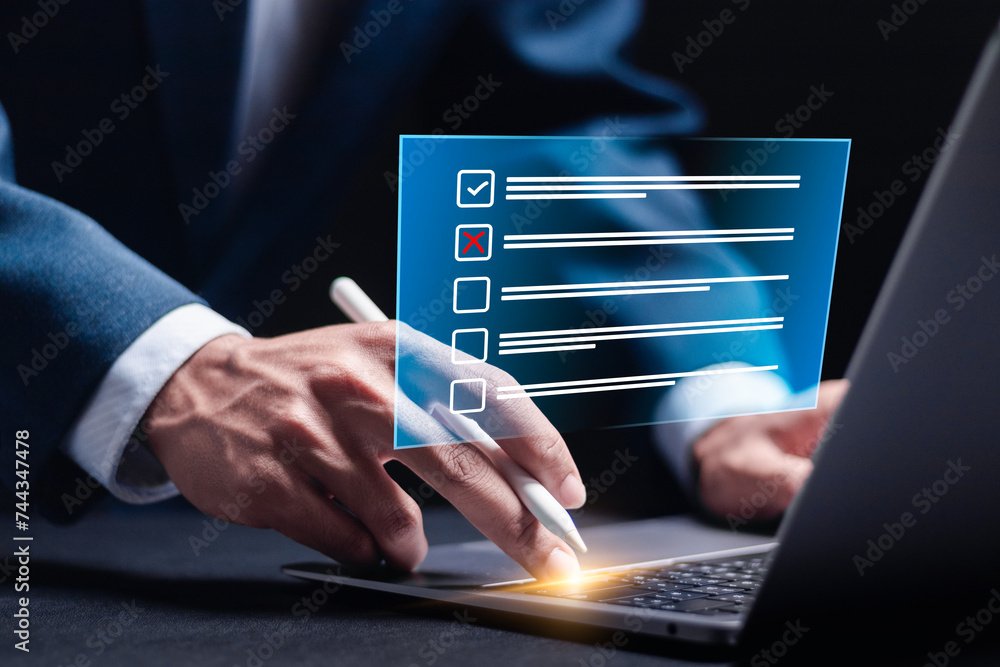 Aufkleber survey form concept. questionnaire with checkboxes, filling survey form online, answer questions of 