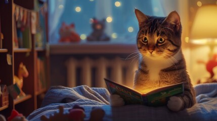 A photorealistic image of a cat sitting upright, holding a storybook in its paws, with a young boy...