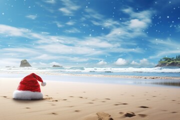 Fototapeta na wymiar Santa beach hat on sand. Paradise landscape. Generate Ai