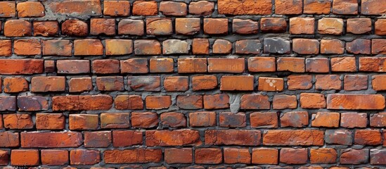 A close-up view of a brick wall made entirely of red bricks, showcasing its patterns and texture, ideal for architecture and decorative purposes.