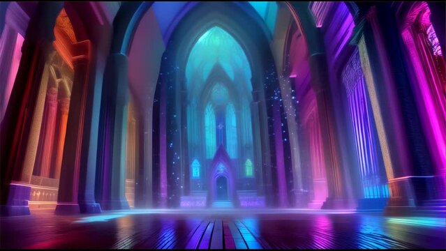 Futuristic neon-lit cathedral interior with vibrant purple and blue lights, showcasing a modern twist on gothic architecture.