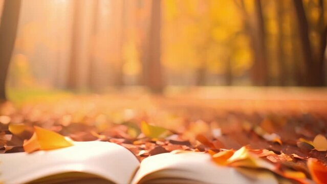 Open book with autumn fallen leaves on it in sunny day. Warm bokeh scenery in a park. Relaxation, enjoying, solitude with nature