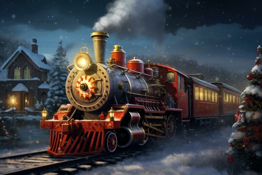 Christmas red train. Art vintage card. Generate Ai