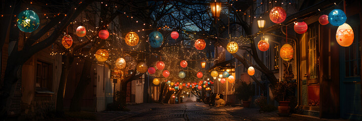 streets filled with lanterns with dim light, Hot air balloons at evening festival celebration, 
