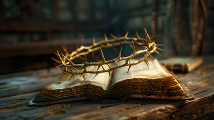 The crown of thorns of Jesus Christ lies on the holy bible
