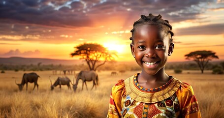 a beautiful girl from Africa, smiling, in bright national clothes, against the background of a savanna with wild animals