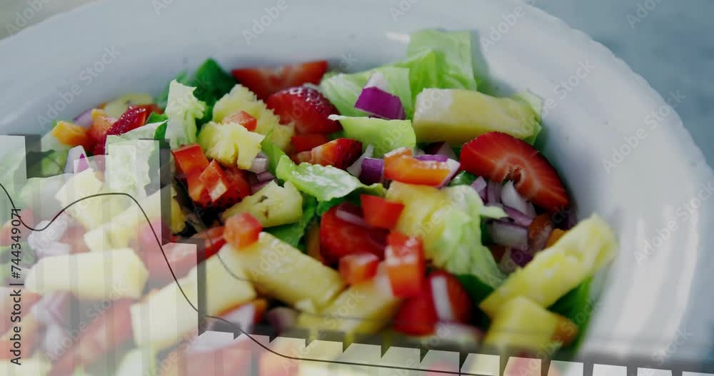 Poster animation of data processing and diagrams over fresh fruit salad