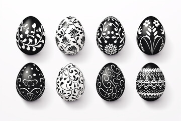 Set of black and white easter eggs with decorative floral patterns on white
