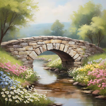 Arte digital estilo pintura al &oacute;leo de puente sobre un arroyo en campo con flores silvestres en primavera. Ilustraci&oacute;n vintage en un atmosfera c&aacute;lida 