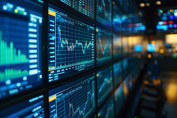 Screens display detailed stock market charts and trading data, a tool for financial analysis.