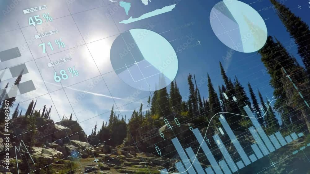 Poster animation of financial data processing over forest