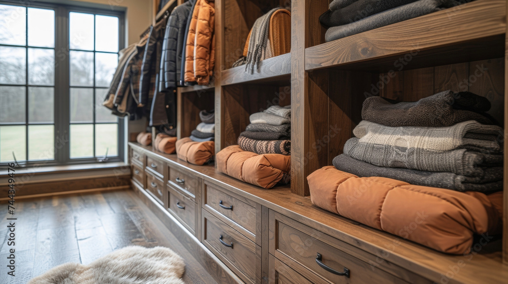 Poster a zoomedin view of a mudroom organization system with builtin cubbies and drawers for storing gloves